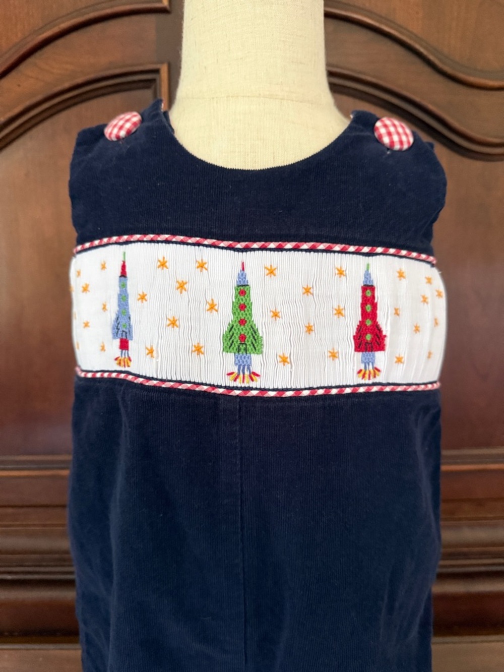 Three Mommas Smocked Rocket Longall 18-24M Navy Corduroy Boys Boutique Overalls - Picture 3 of 7